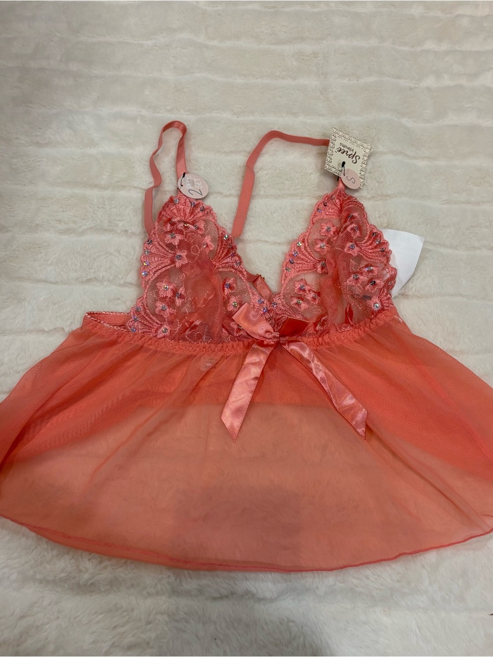 Vintage Coral Pink Sheer Lace Babydoll Chemise
